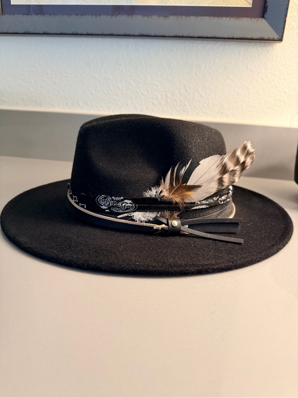 Black Felt Fedora with Feather Trim